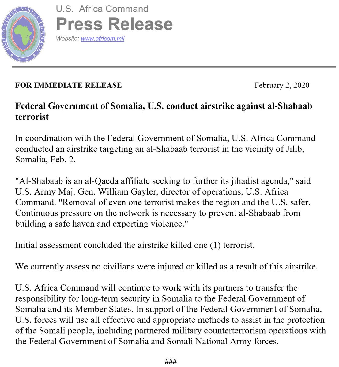 Federal Government of Somalia, U.S. conduct airstrike against al-Shabaab terrorist