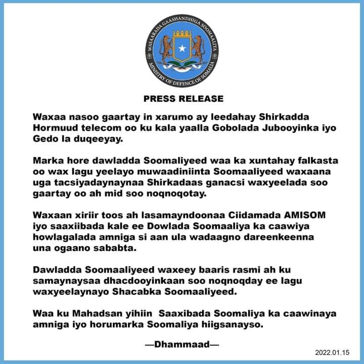 Somali defense ministry says will hold talks with AMISOM after Kenyan military has destroyed several Hormud telecom company's bases in air strikes carried out in Gedo, Lower and Middle Jubba regions. Gedo and others have been a regular target for KDF troops for years