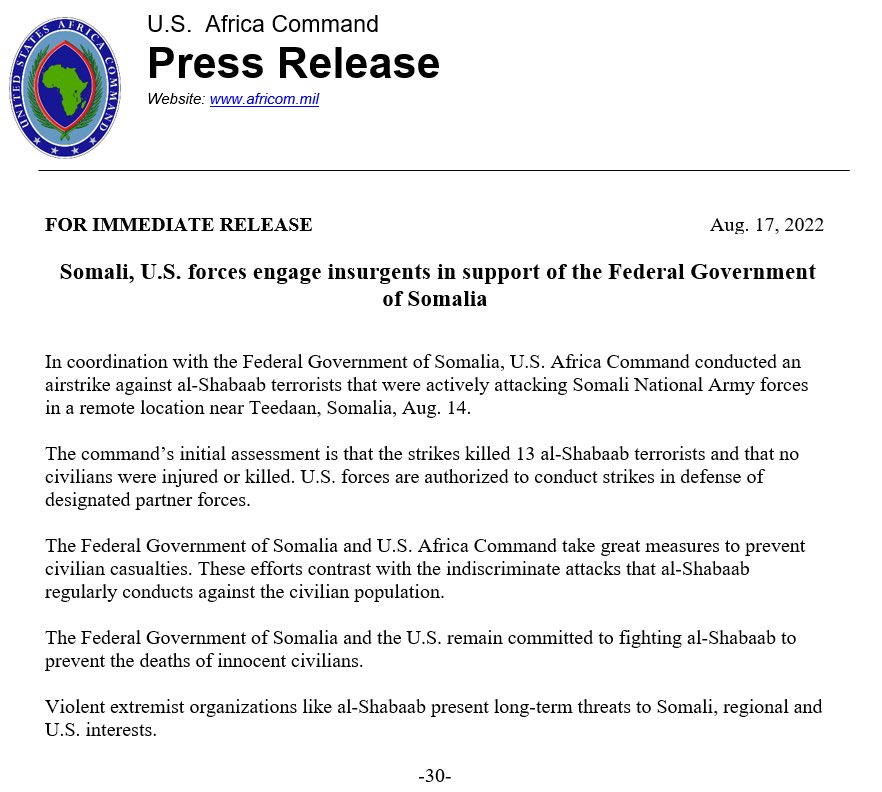 U.S. AFRICOM confirms 14th August airstrike against al-Shabab near Teedaan in Somalia, which killed 13 militants
