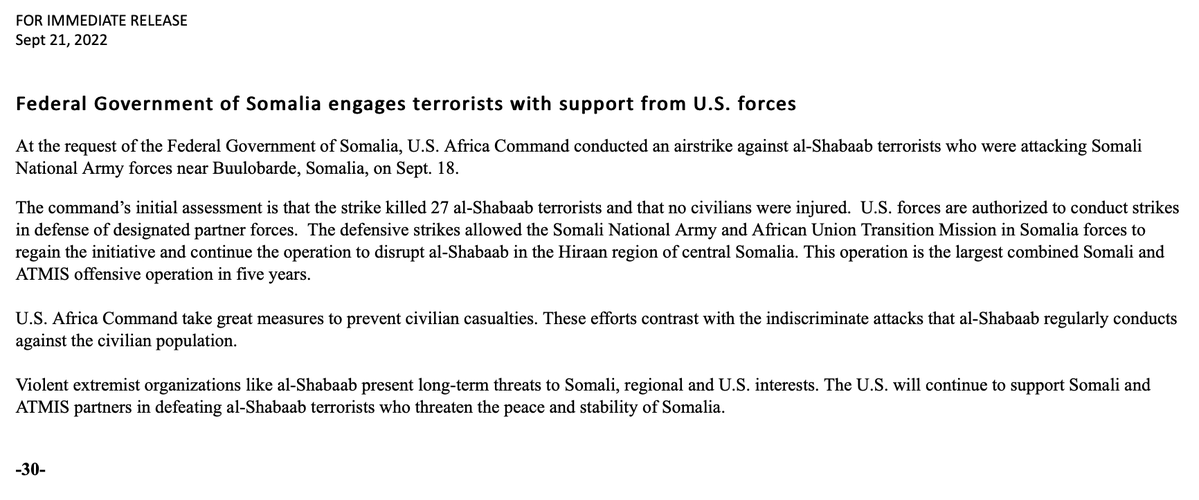 US confirms airstrike vs alShabaab on September 18  Per @USAfricaCommand, the alShabaab fighters were attacking Somalia forces near Buulobarde. Initial US assessment indicates 27 Shabaab fighters killed - no civilian casualties