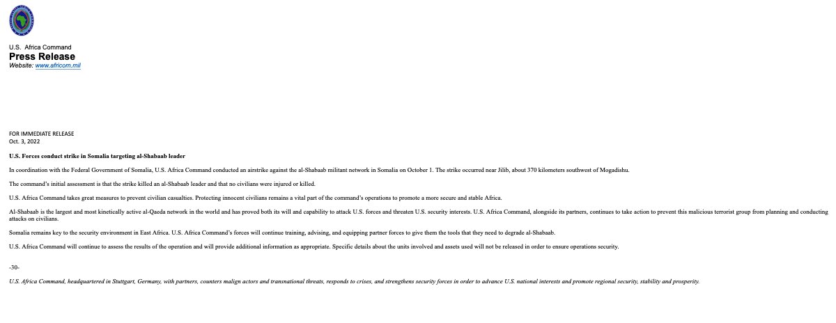 An airstrike was conducted Saturday by @USAfricaCommand against al-Shabaab near Jilib, Somalia
