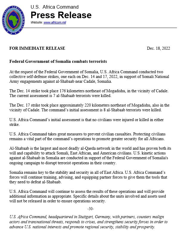 US AFRICOM conducted 2 collective self-defense strikes each on Dec. 14 & 17, in support of Somali National Army engagements against al-Shabaab near Cadale, Somalia, killing 7 + 8 al-Shabaab militants