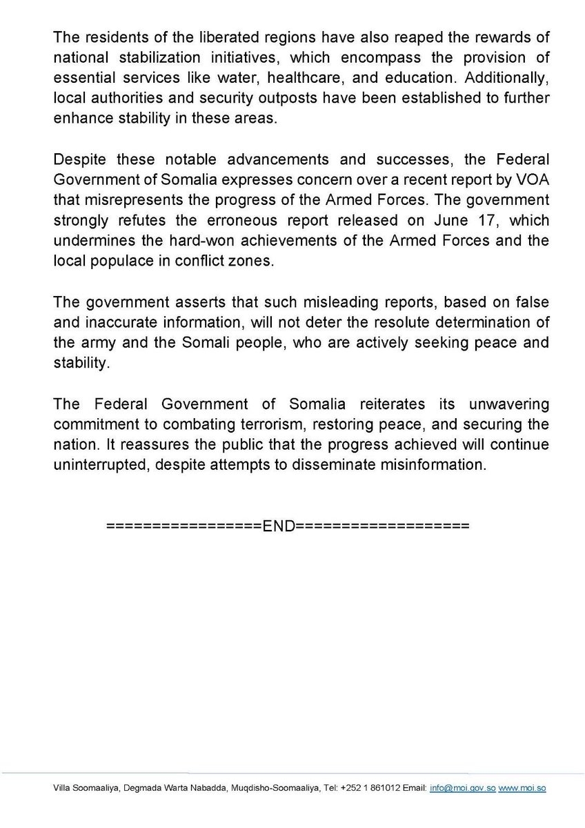 Somalia accuses @VOANews of 'disinfo', lists military 'successes'.FGS ire drawn by VOA report earlier this week which cited US officials as suggesting much of recent military gains by Somali army reversed, Al-Shabaab resurgent