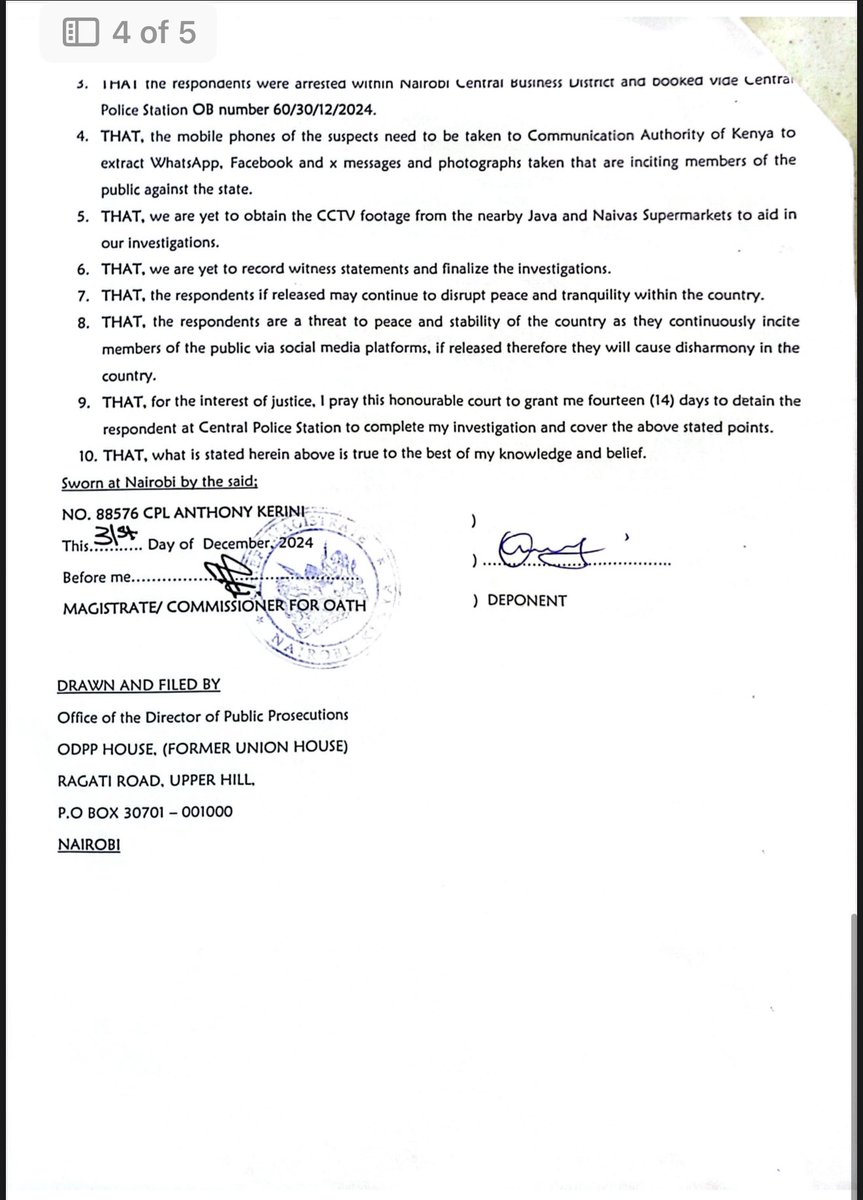 Kenyan prosecutors seek to detain 23 arrested anti-abduction protesters for 14 days (incl Okiya Omtatah.)They want to “extract WhatsApp, Facebook and X messages and photos taken that are inciting members of the public against the state” from their phones and get CCTV