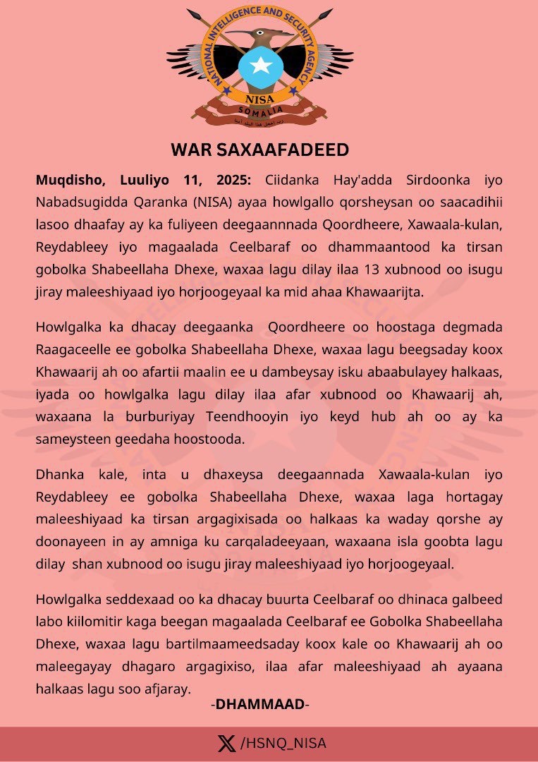 Somalia: Nach Angaben des Geheimdienstes NISA wurden bei koordinierten Operationen in Qoordheere, Xawaala-Kulan, Reydableey und Ceelbaraf in Middle Shabelle mindestens 13 al-Shabaab-Kämpfer, darunter hochrangige Kommandeure, getötet