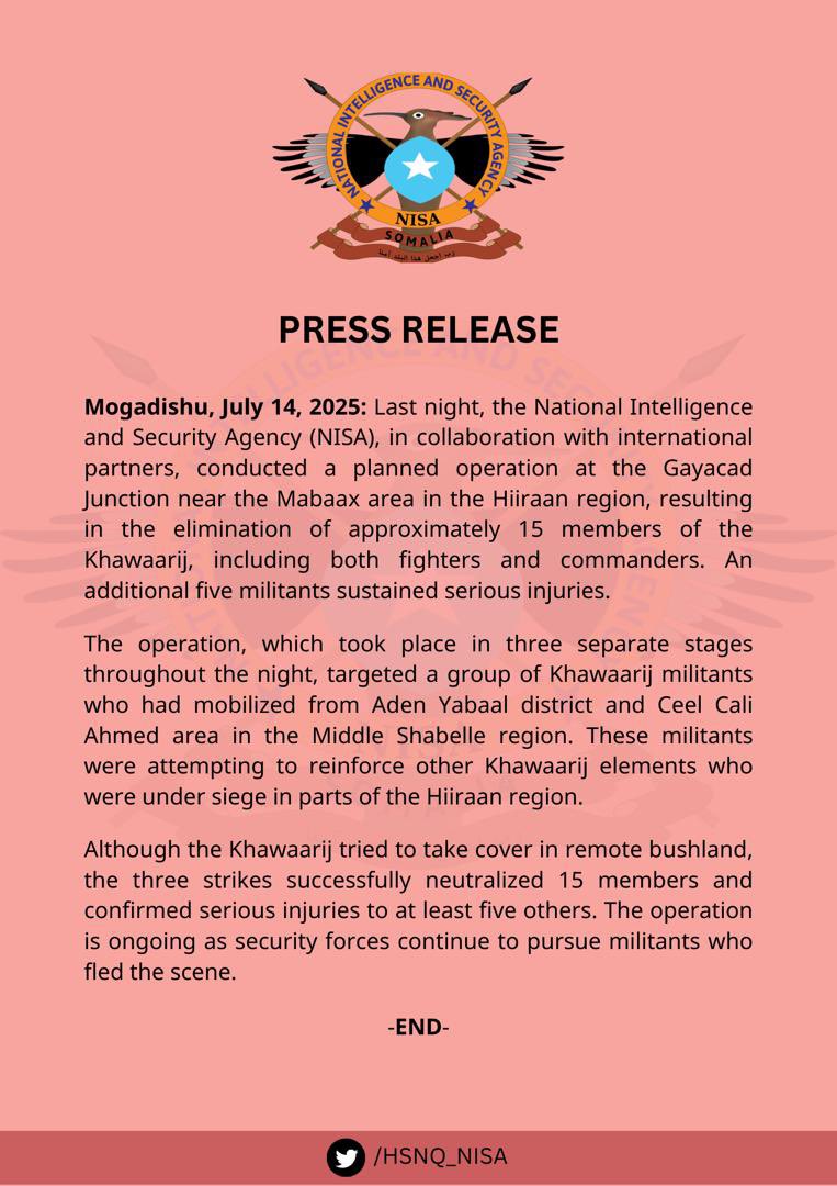 D'autres frappes aériennes ont été signalées par @HSNQ_NISA. Le gouvernement affirme que 15 militants ont été tués lors de cette opération la nuit dernière dans la région de Mabaax, au nord-est d'Adan Yabaal.